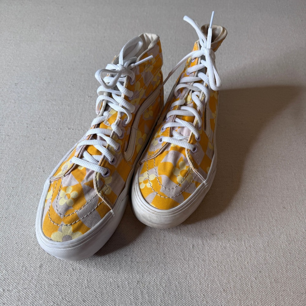 Vans Sk8-Hi Tapered Stacked Yellow Floral Checkerboard Platform Sneakers W7 M5.5